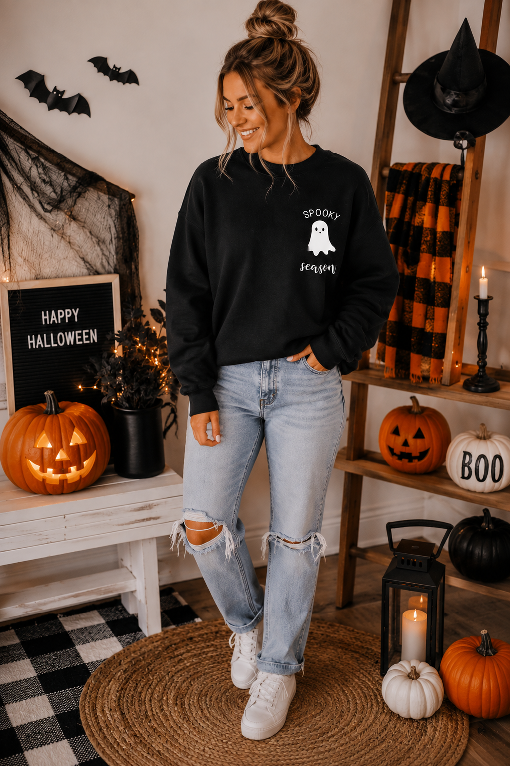 Spooky Season Ghost Halloween Black Crewneck