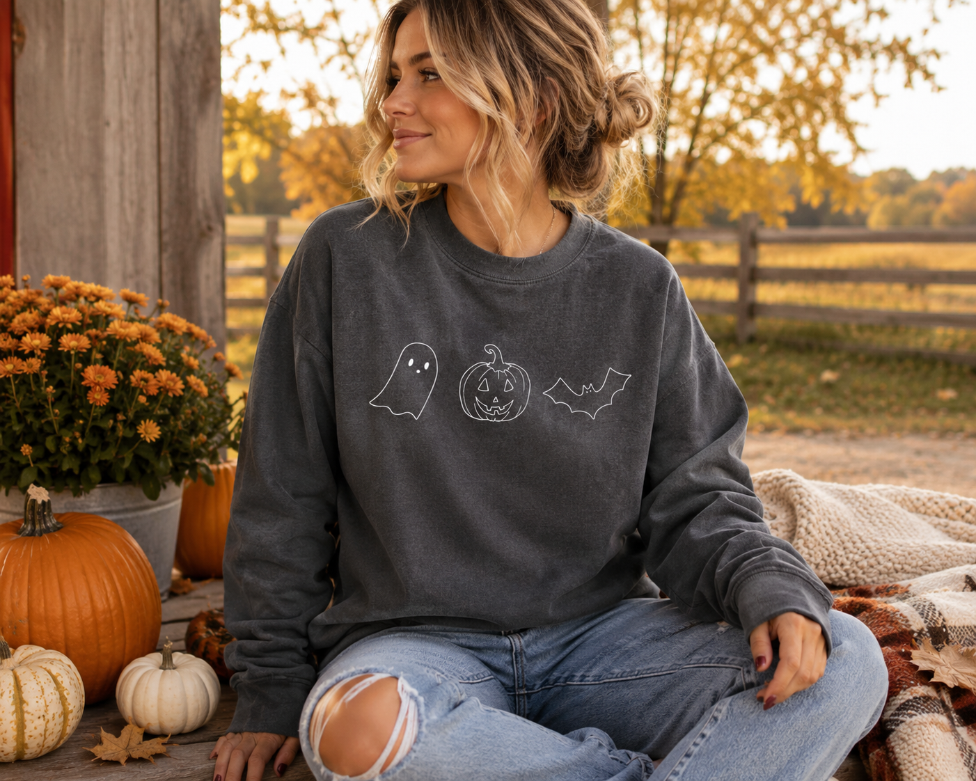 Simple Grey Halloween Ghost Pumpkin and Bat Comfort Crewneck