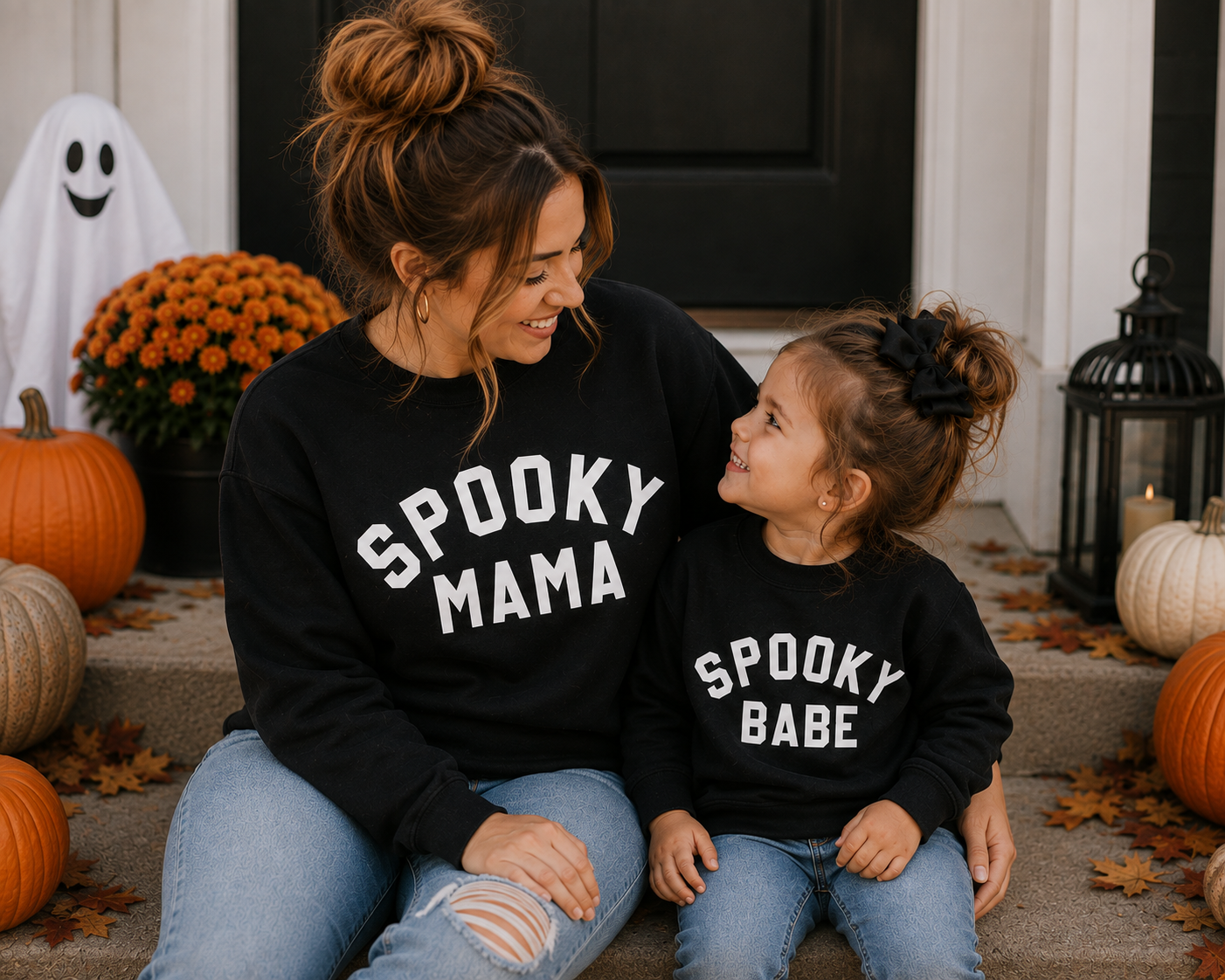Spooky Mama Spooky Dude Mommy and Me Matching Black Halloween Crewnecks