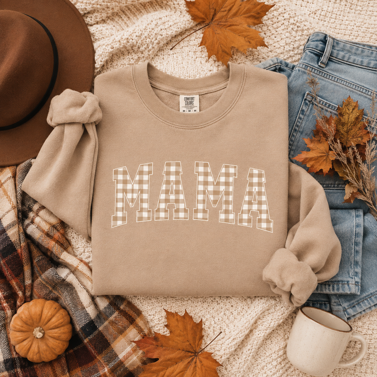 Tan Mama Plaid Sweatshirt | Fall Mama Sweatshirt | Thanksgiving Mom Shirt | Cozy Autumn Pullover | Neutral Mama Crewneck