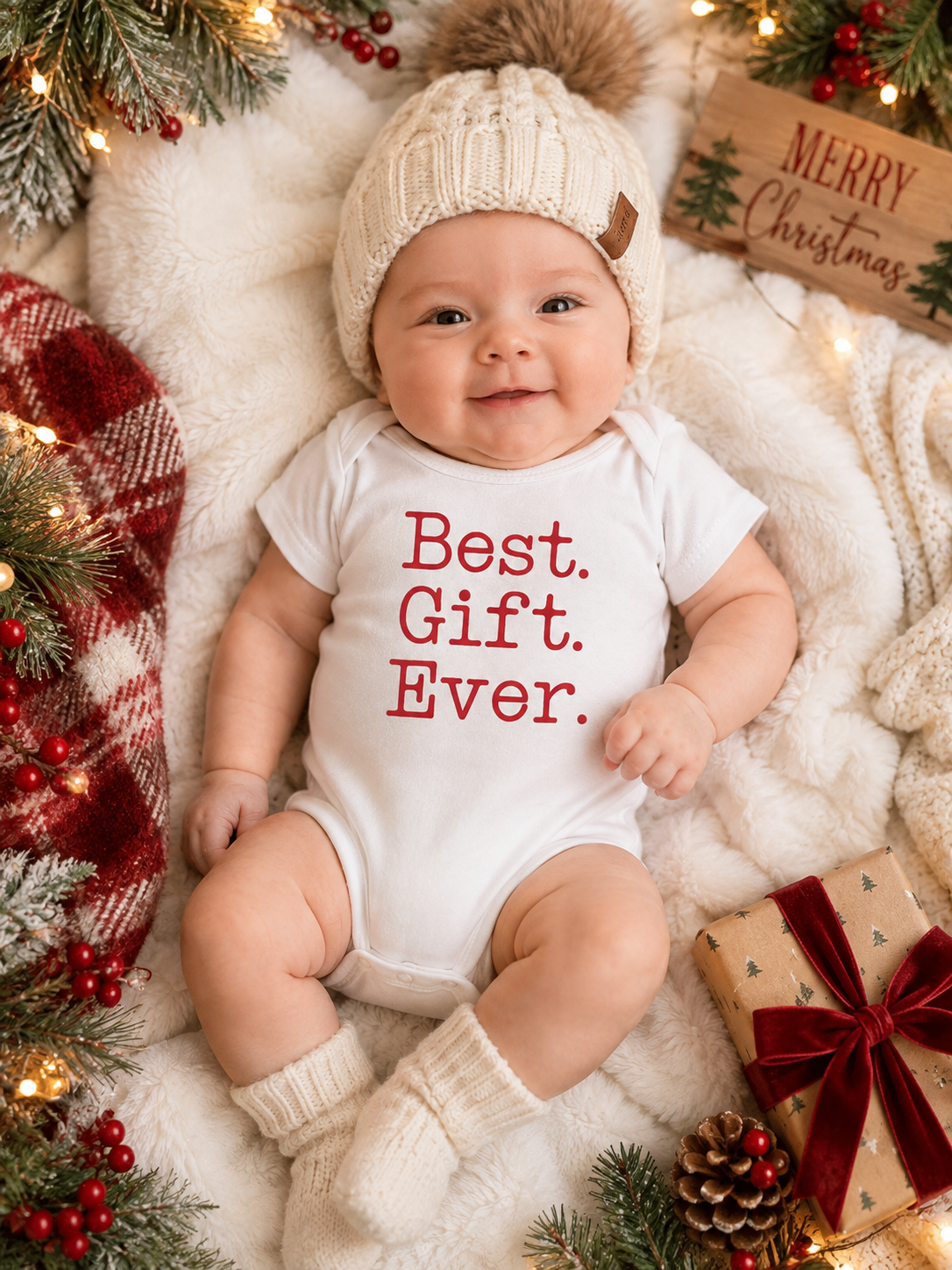 Best Gift Ever White Christmas Bodysuit – Baby Announcement Holiday Outfit