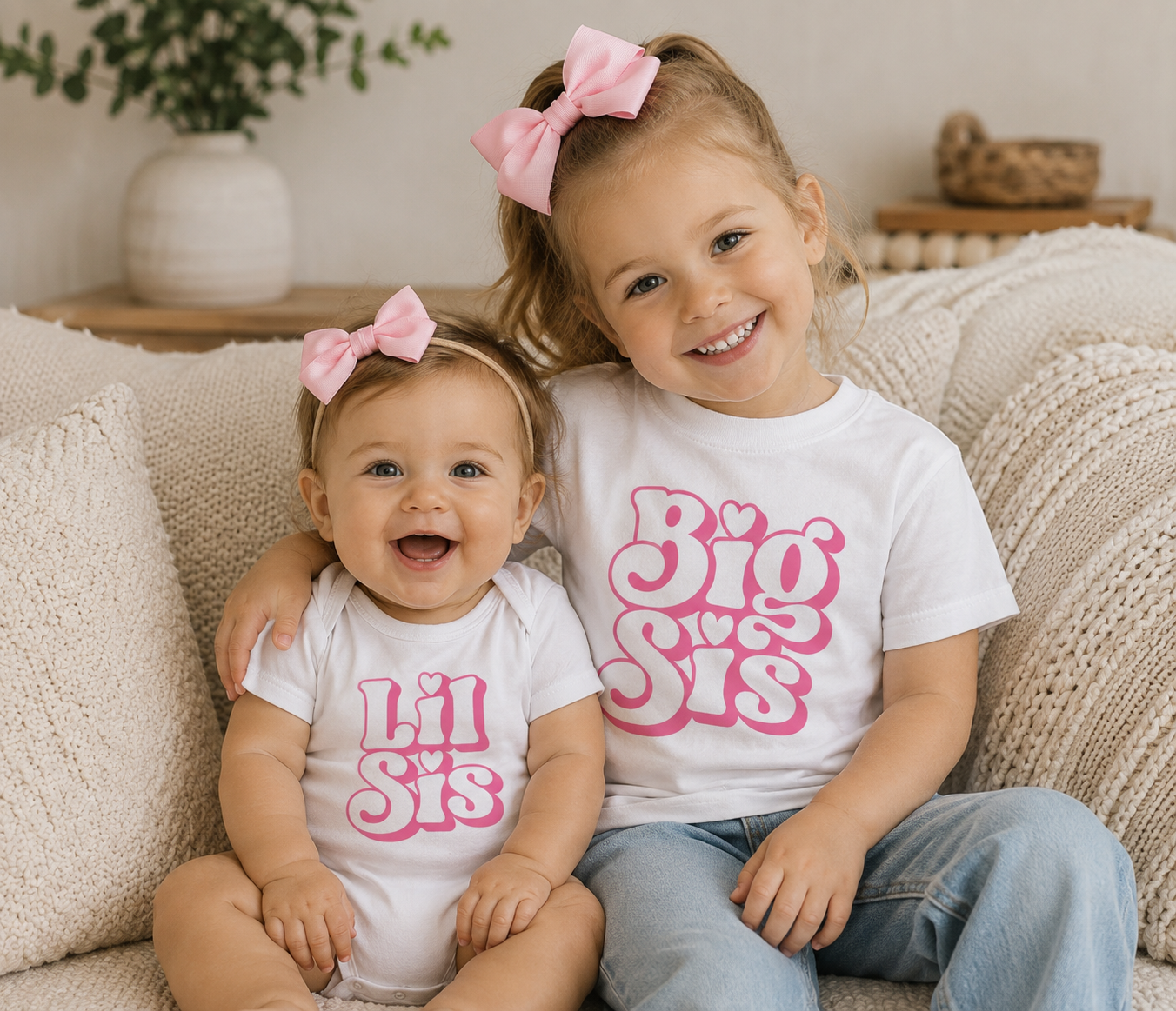 Big Sis Little Sis Matching White and Hot Pink Shirt