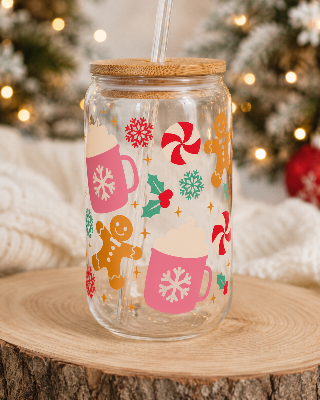 Gingerbread & Peppermint Christmas Glass Cup – Holiday Iced Coffee Cup with Bamboo Lid and Straw