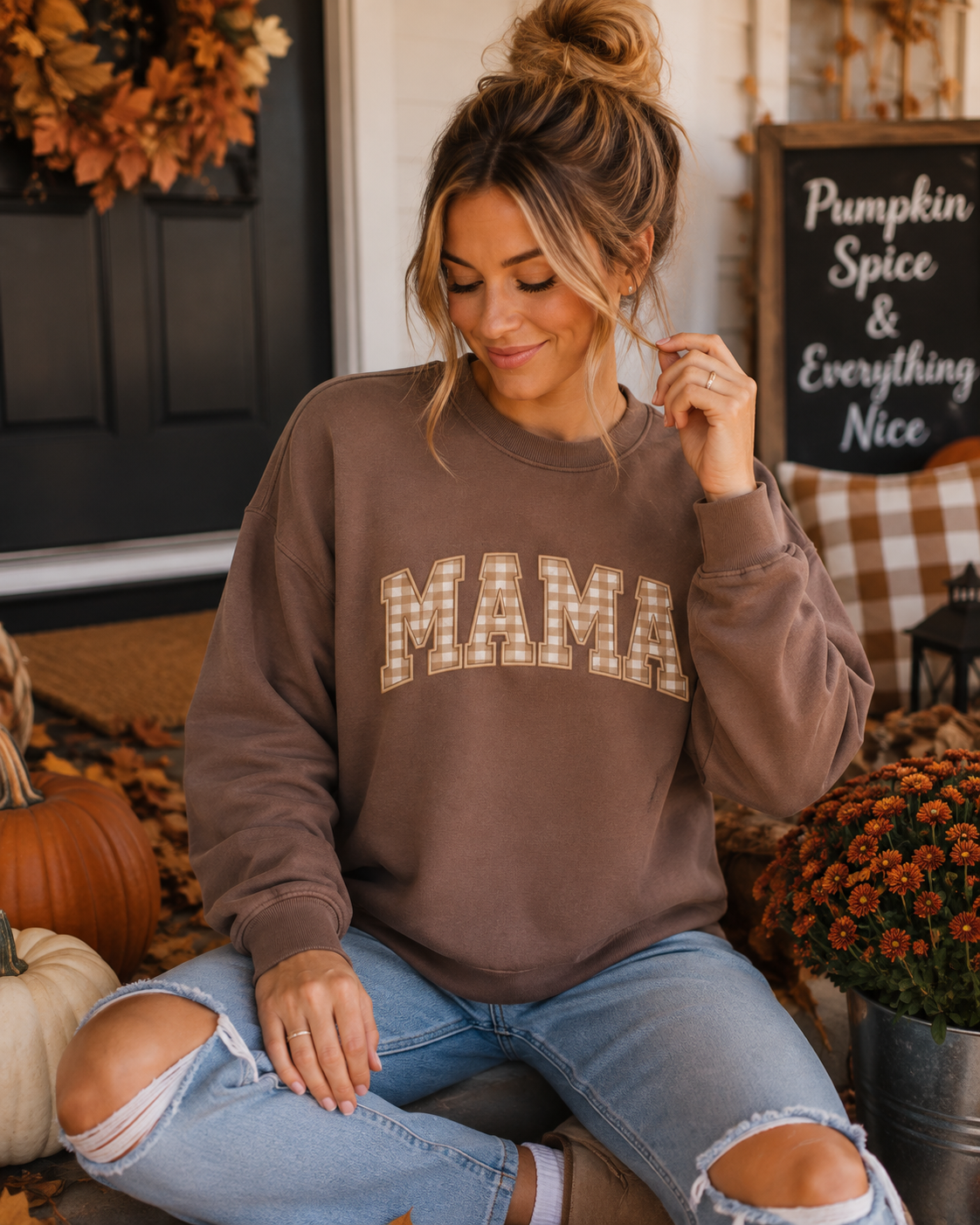 Light Chocolate Espresso Mama Plaid Sweatshirt | Fall Mama Sweatshirt | Thanksgiving Mom Shirt | Cozy Autumn Pullover | Neutral Mama Crewneck