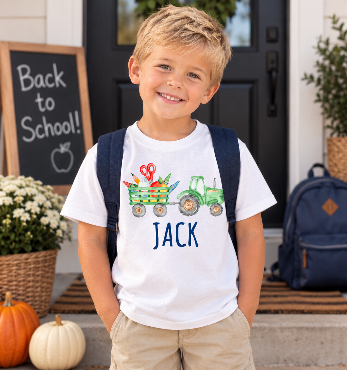 Personalized Back To School Tractor White Shirt for Kids