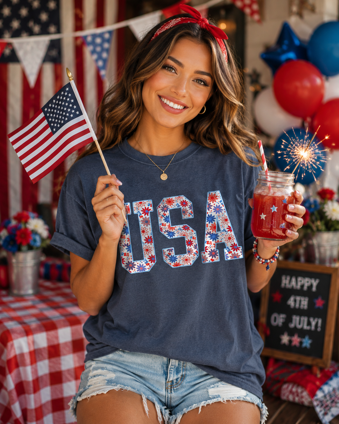 Woman celebrating 4th of July with an American flag, drink, and 'USA' shirt.