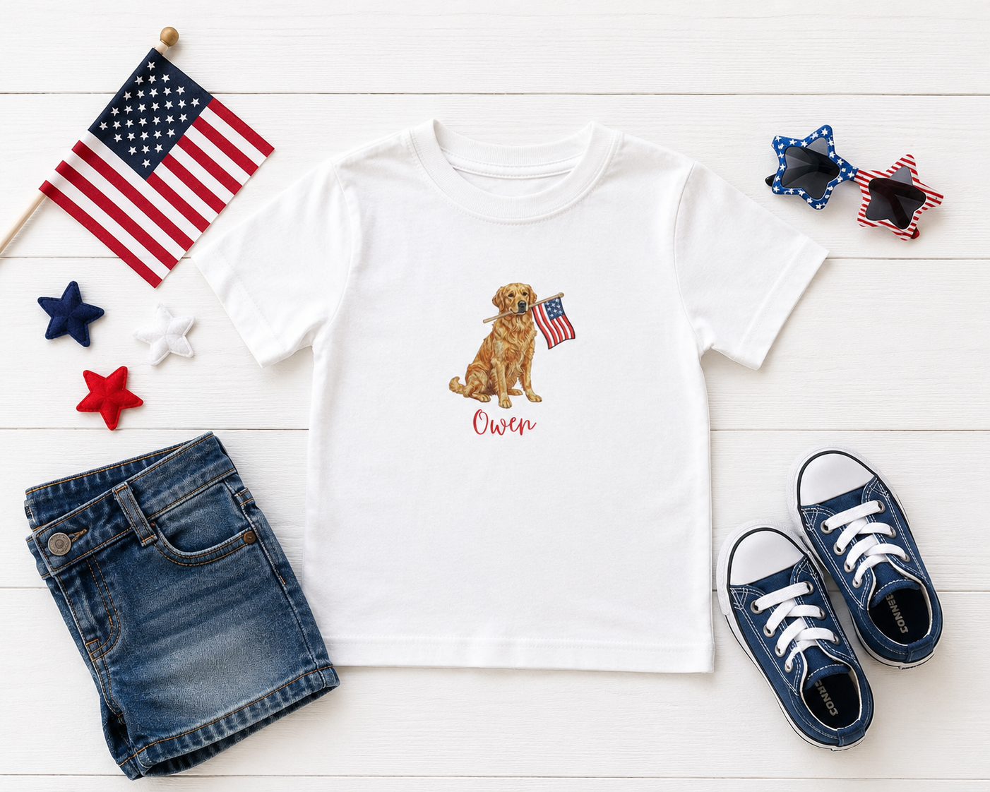 Personalized Patriotic Golden Retriever Dog Shirt for Boys, Custom Name Fourth of July Shirt, Golden Retriever Kids Tee