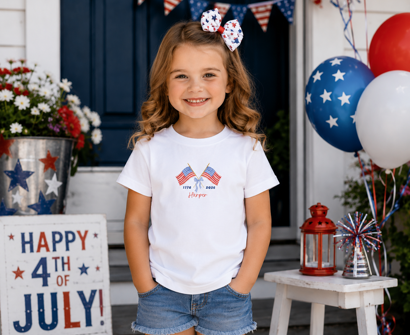 Personalized Fourth of July Shirt for Girls, Custom Patriotic Kids Tee, Americana Flag Shirt with Name