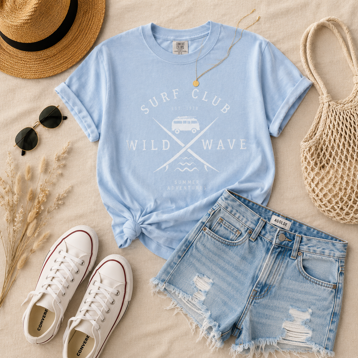 Surf Club Light Blue T-Shirt, Coastal Beach Tee, Wild Wave Graphic Shirt, Summer Beach Vacation Tee