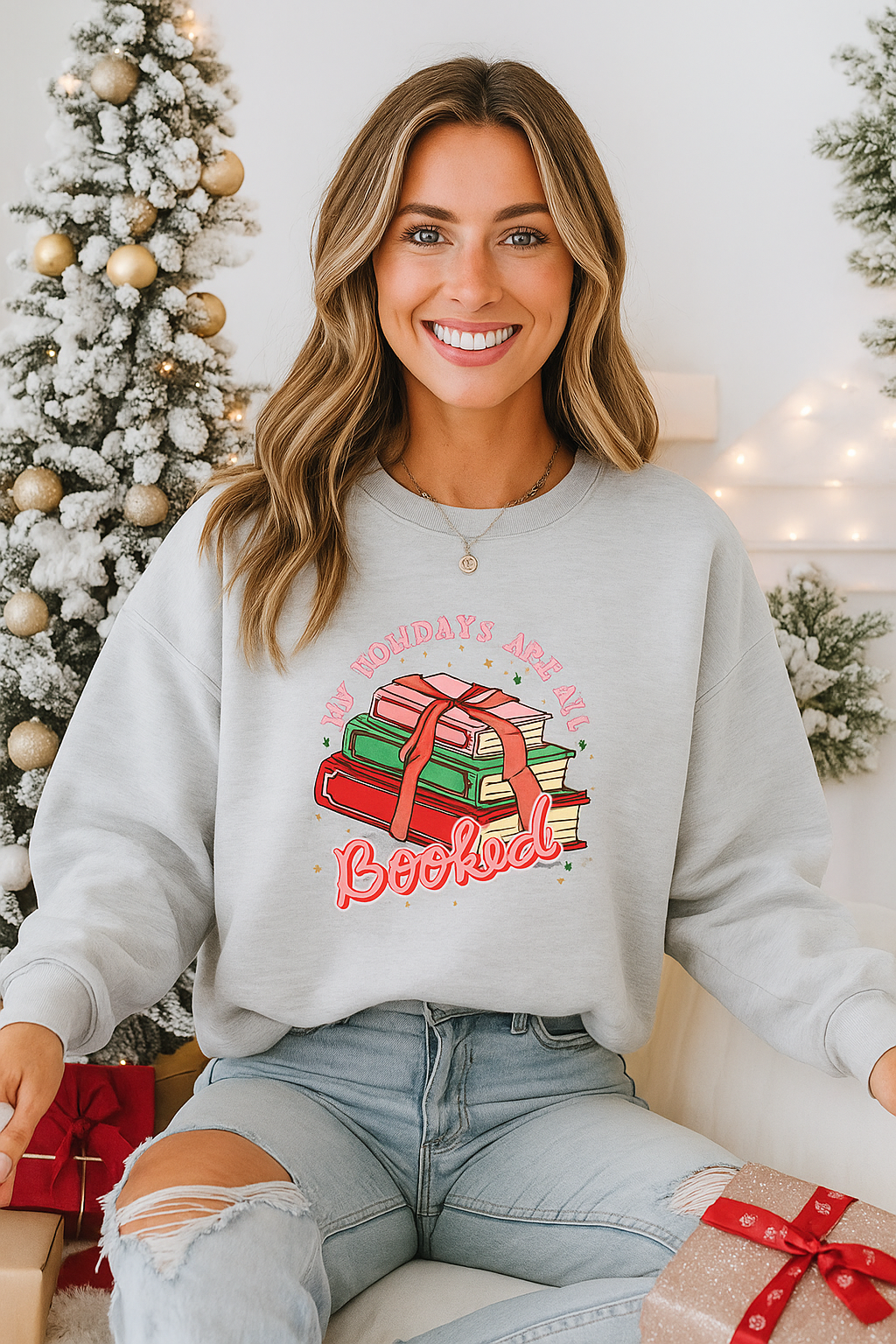My Holidays Are All Booked Ash Grey Christmas Crewneck – Book Lover Holiday Sweatshirt