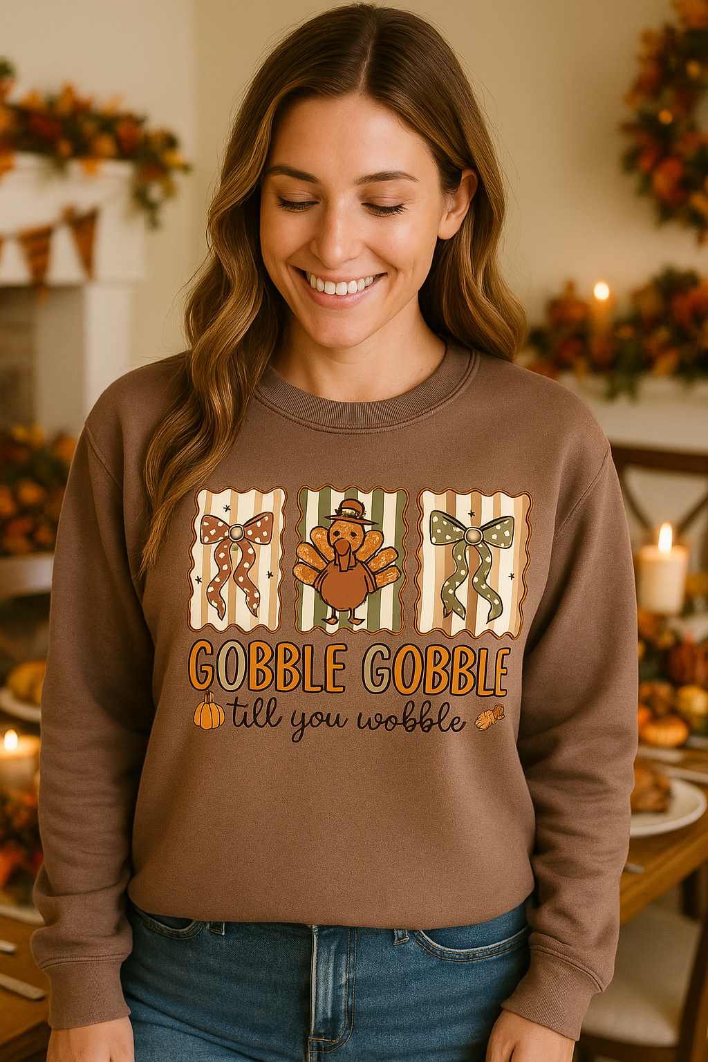 Gobble Til You Wobble Brown Thanksgiving Crewneck – Turkey & Bow Fall Sweatshirt