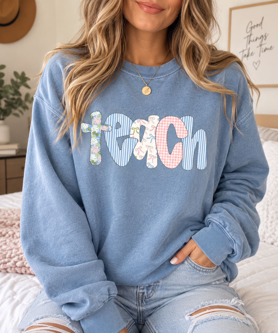 Blue Teach Teaching Crewneck for Teachers, Trendy Teaching Outfits
