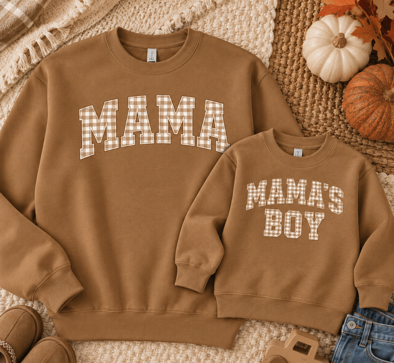 Matching Mama and Mama’s Boy Autumn Brown Sweatshirts | Brown Fall Sweatshirts | Autumn Family Outfit | Mama & Son Crewnecks