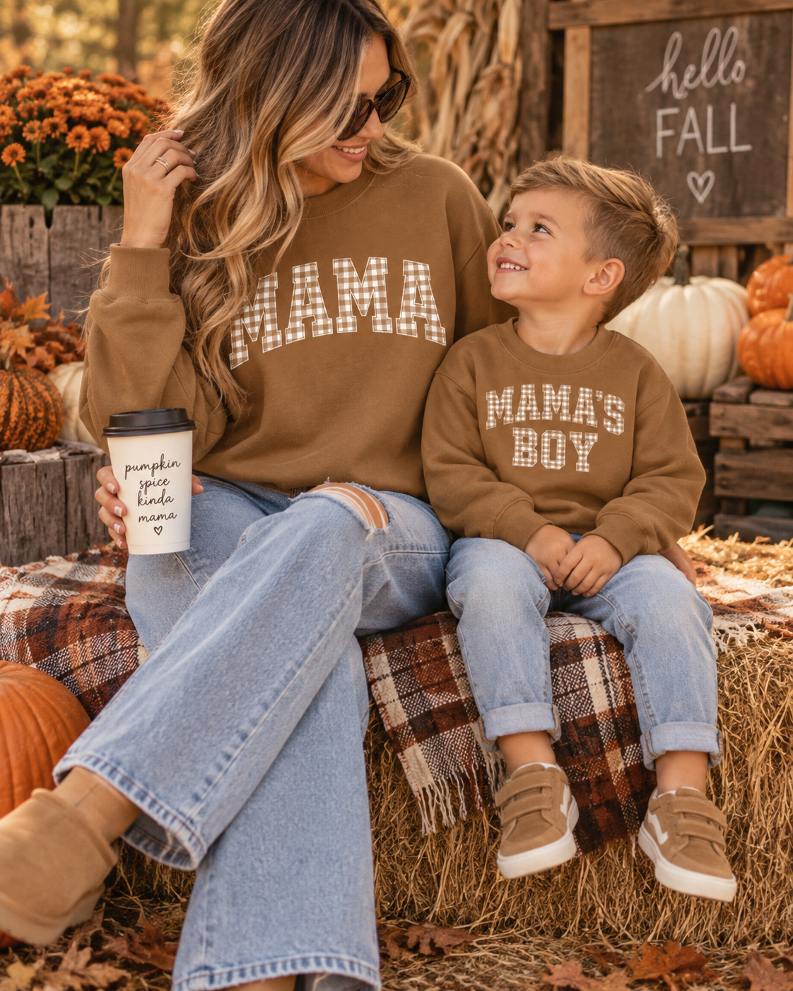 Matching Mama and Mama’s Boy Autumn Brown Sweatshirts | Brown Fall Sweatshirts | Autumn Family Outfit | Mama & Son Crewnecks