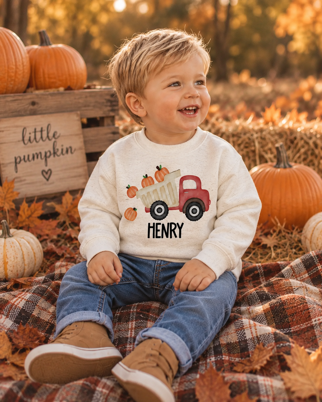 Personalized Fall Pumpkin Dump Truck Fall Crewneck for Kids