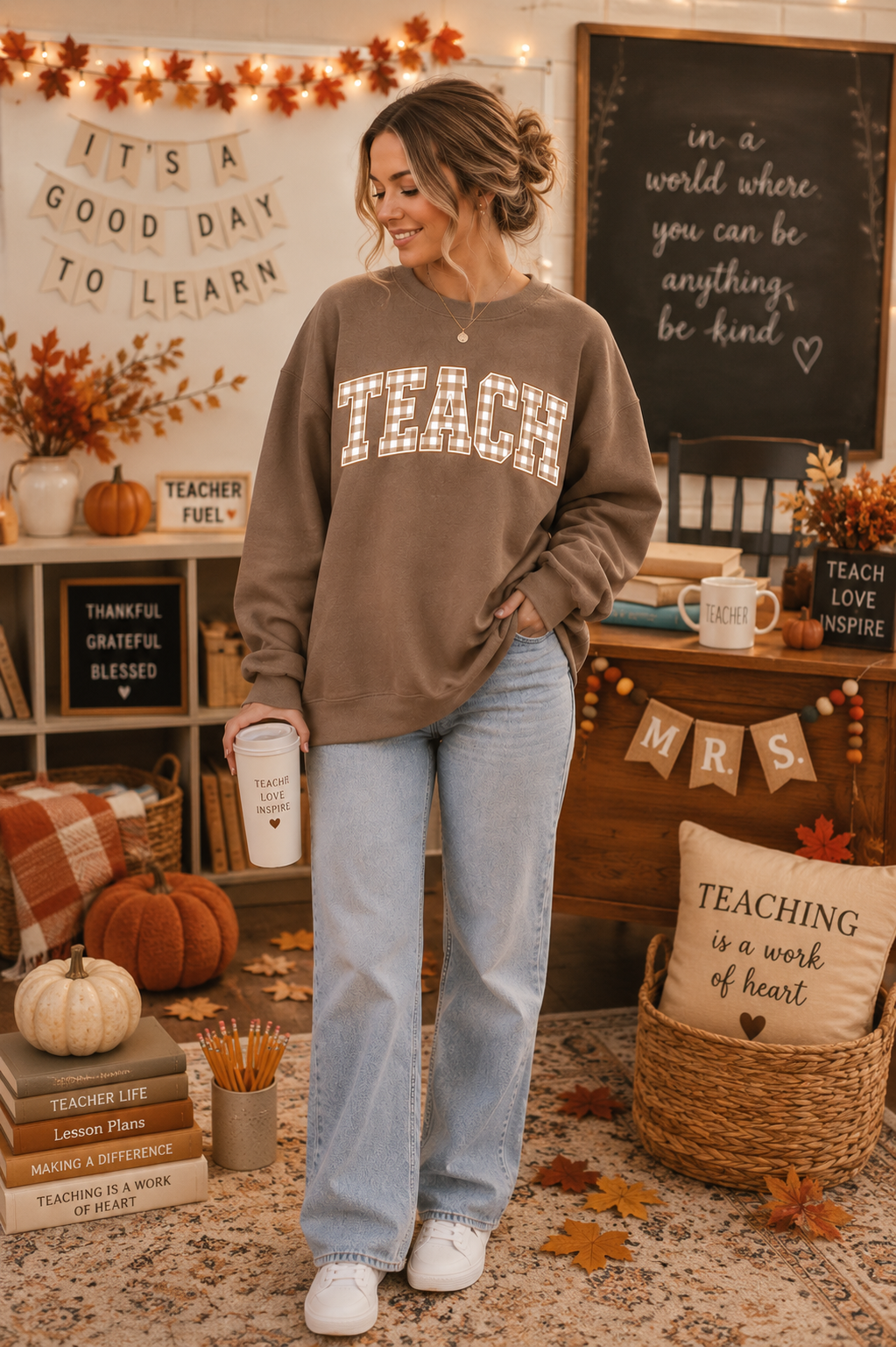 TEACH Plaid Crewneck Sweatshirt | Teacher Fall Sweatshirt | Teacher Appreciation Gift | Cozy Teacher Pullover | Fall Teacher Outfit | Comfort Colors