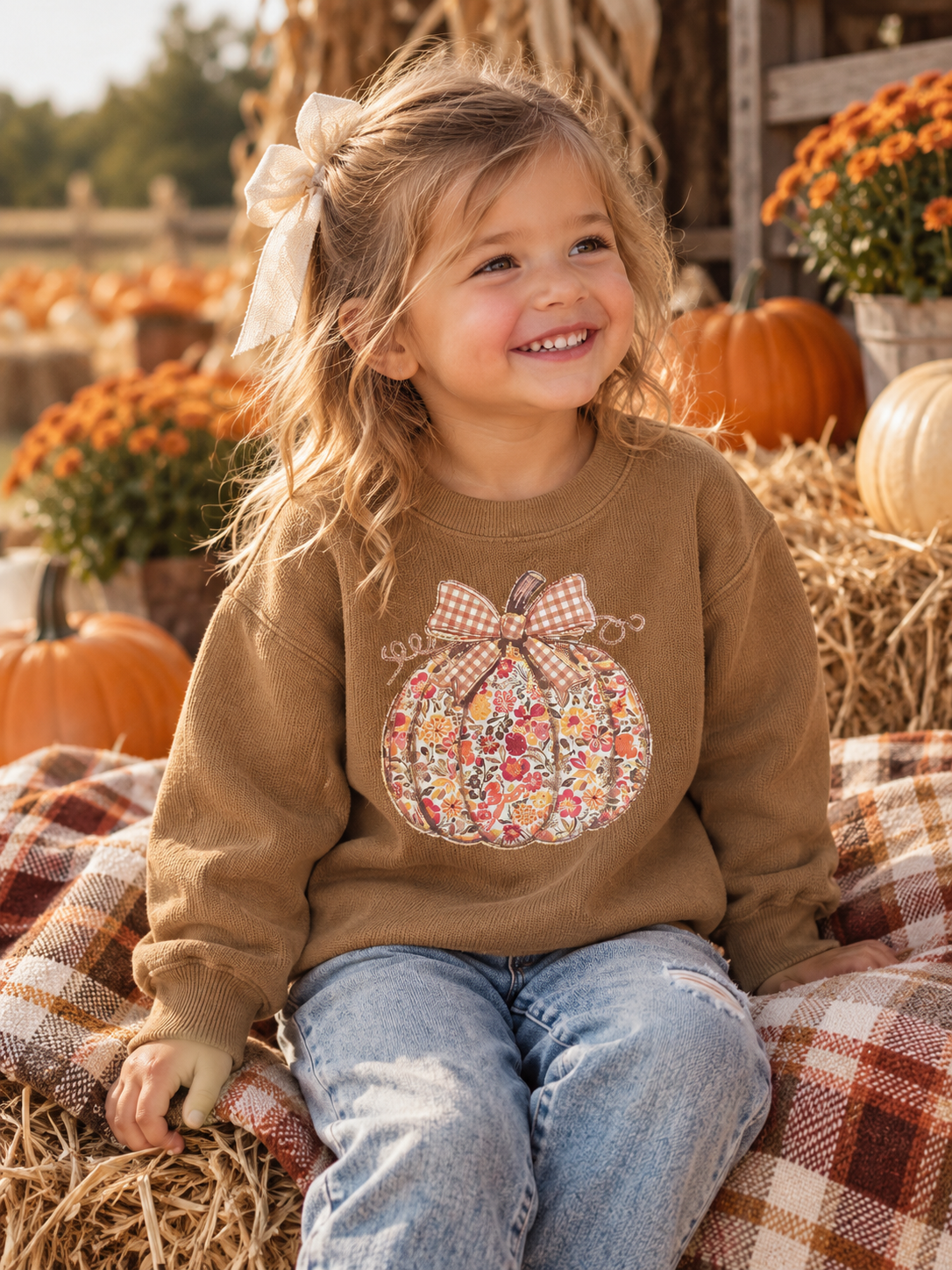 Floral Pumpkin Kids Sweatshirt Coyote Brown | Fall Pumpkin Crewneck | Girls Autumn Sweatshirt | Pumpkin Patch Outfit (Copy)