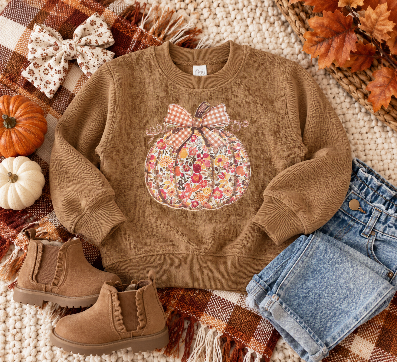 Floral Pumpkin Kids Sweatshirt Coyote Brown | Fall Pumpkin Crewneck | Girls Autumn Sweatshirt | Pumpkin Patch Outfit (Copy)