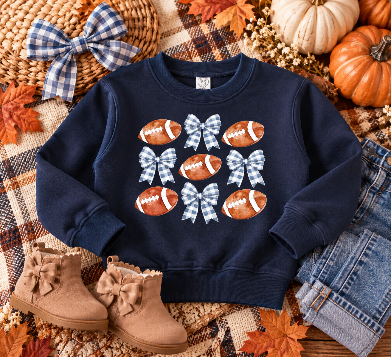 Girls Football Bow Sweatshirt | Girls Game Day Shirt | Football Girl Outfit | Fall Football Sweatshirt | Navy Blue Football Shirt