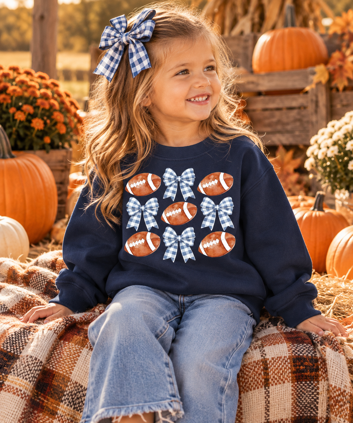 Girls Football Bow Sweatshirt | Girls Game Day Shirt | Football Girl Outfit | Fall Football Sweatshirt | Navy Blue Football Shirt
