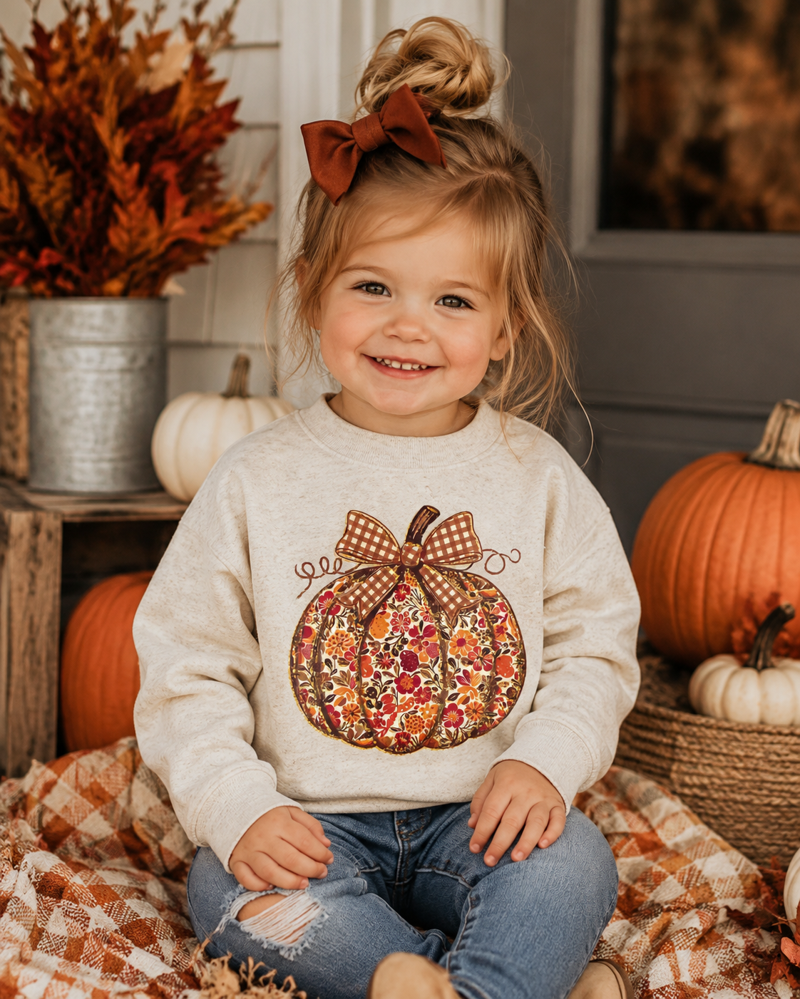 Floral Pumpkin Kids Sweatshirt | Fall Pumpkin Crewneck | Girls Autumn Sweatshirt | Pumpkin Patch Outfit