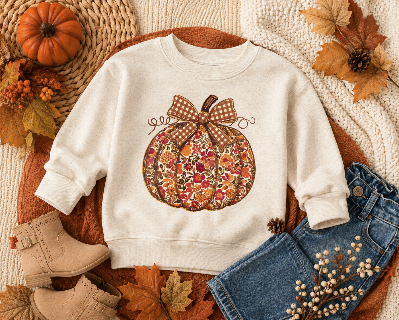 Floral Pumpkin Kids Sweatshirt | Fall Pumpkin Crewneck | Girls Autumn Sweatshirt | Pumpkin Patch Outfit