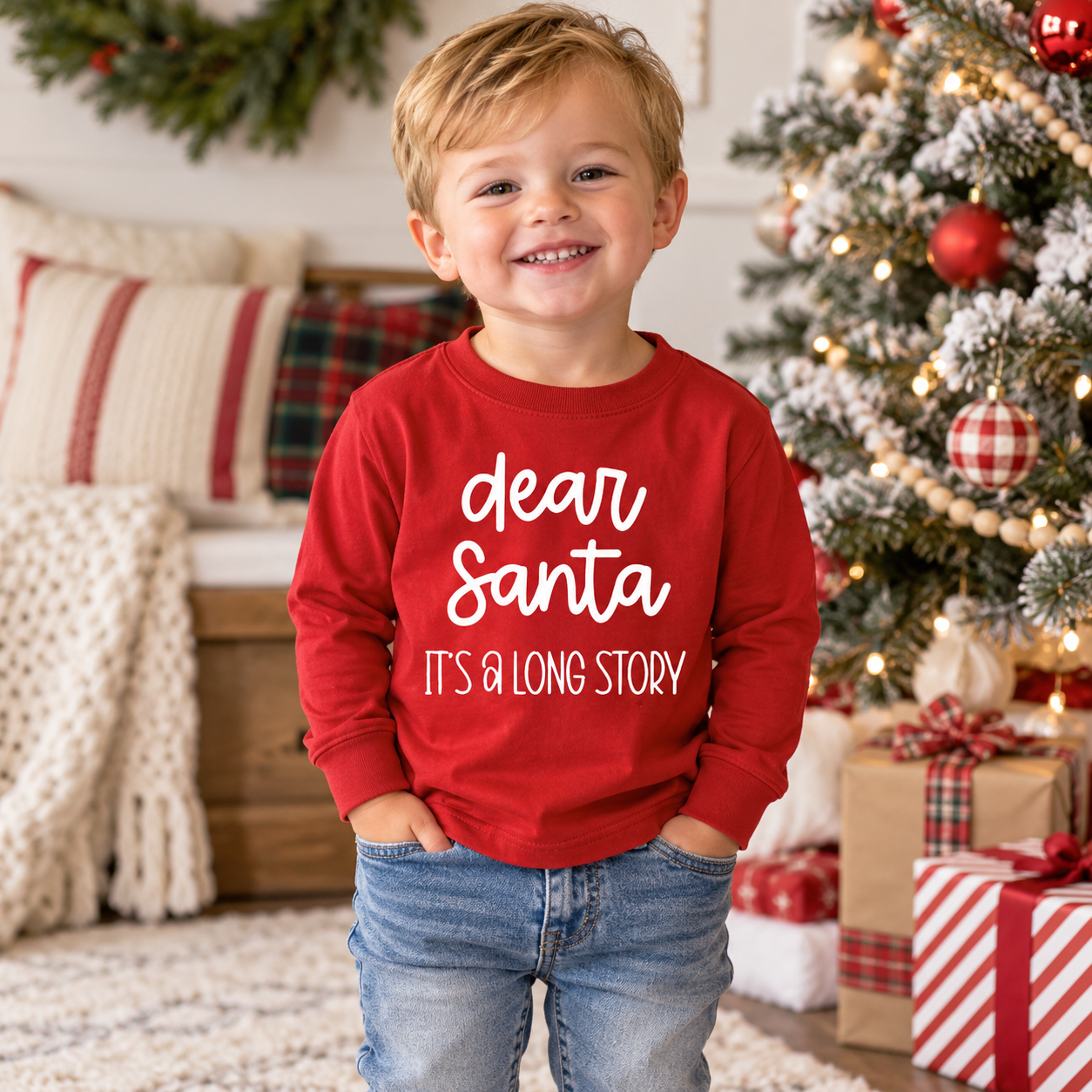 Dear Santa It’s a Long Story Red Long Sleeve Shirt for Kids – Funny Christmas Shirt