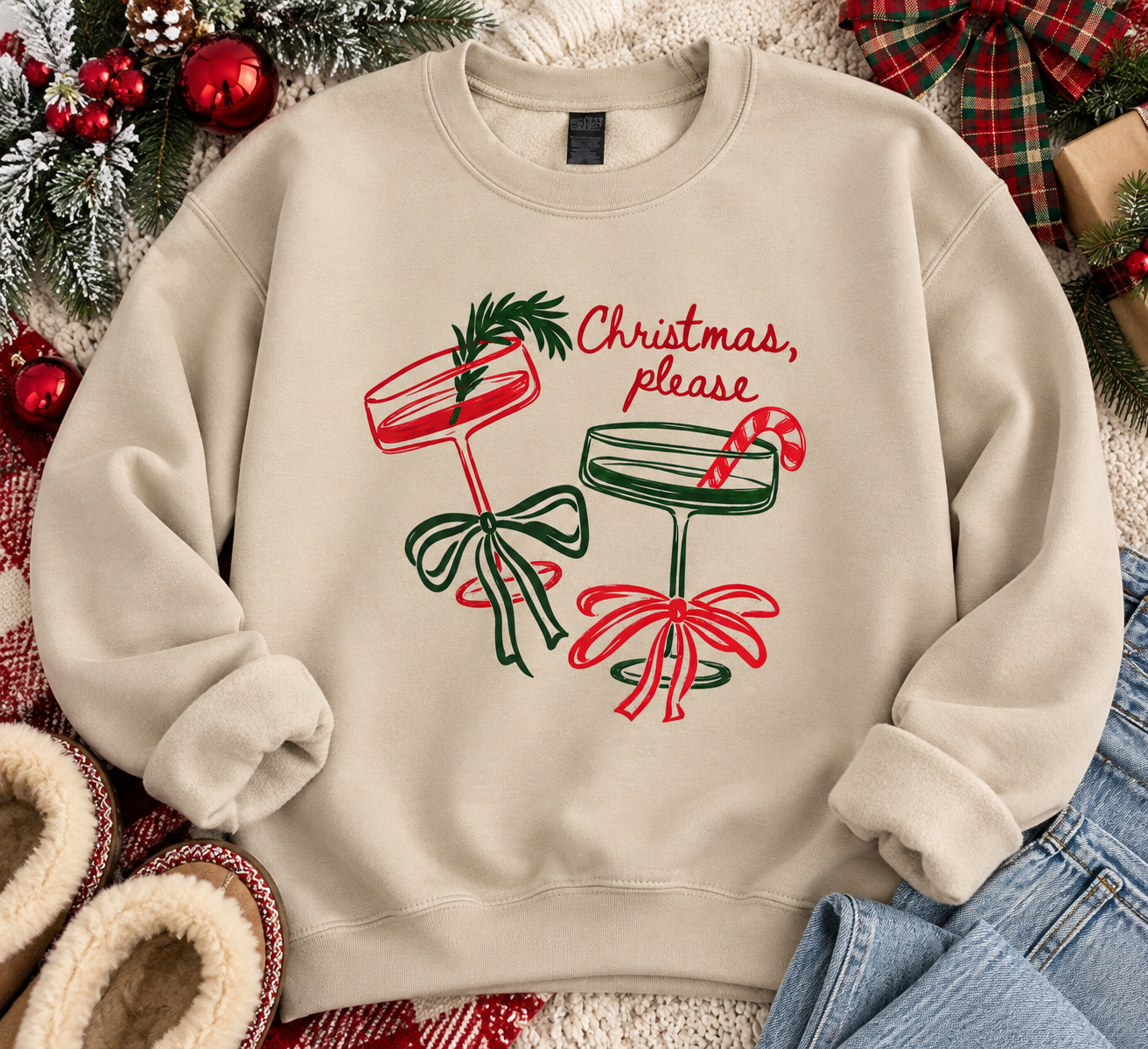 Christmas Please Cocktail Christmas Tan Crewneck