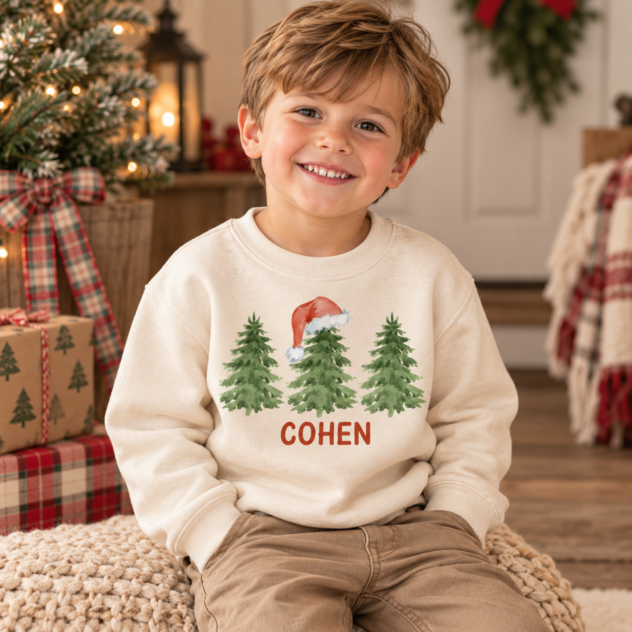 Personalized Christmas Tree Santa Hat Neutral Long Sleeve Crewneck Shirt for Boys – Custom Holiday Shirt