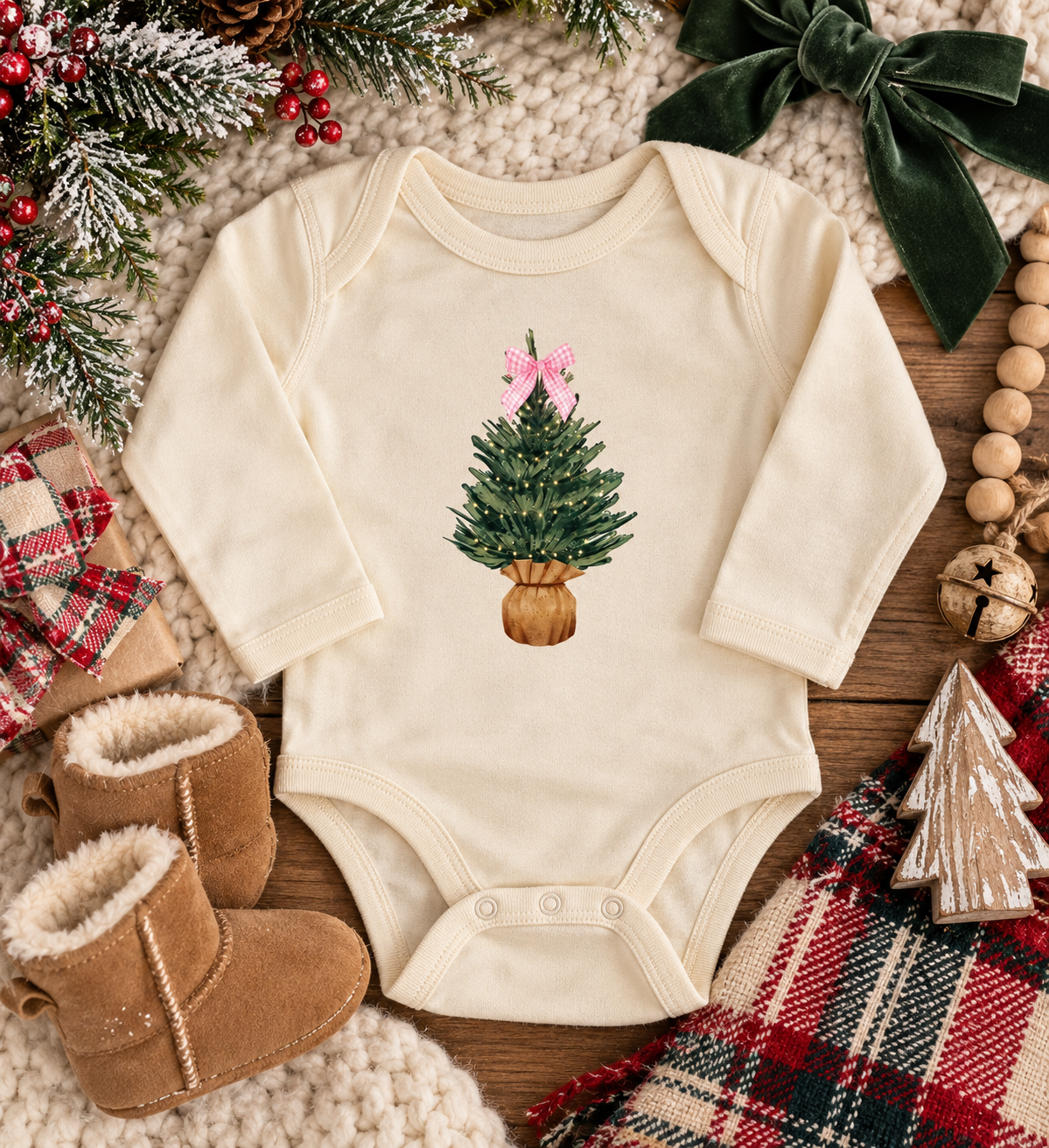 Christmas Tree Pink Gingham Bow Natural Long Sleeved Bodysuit for Infants