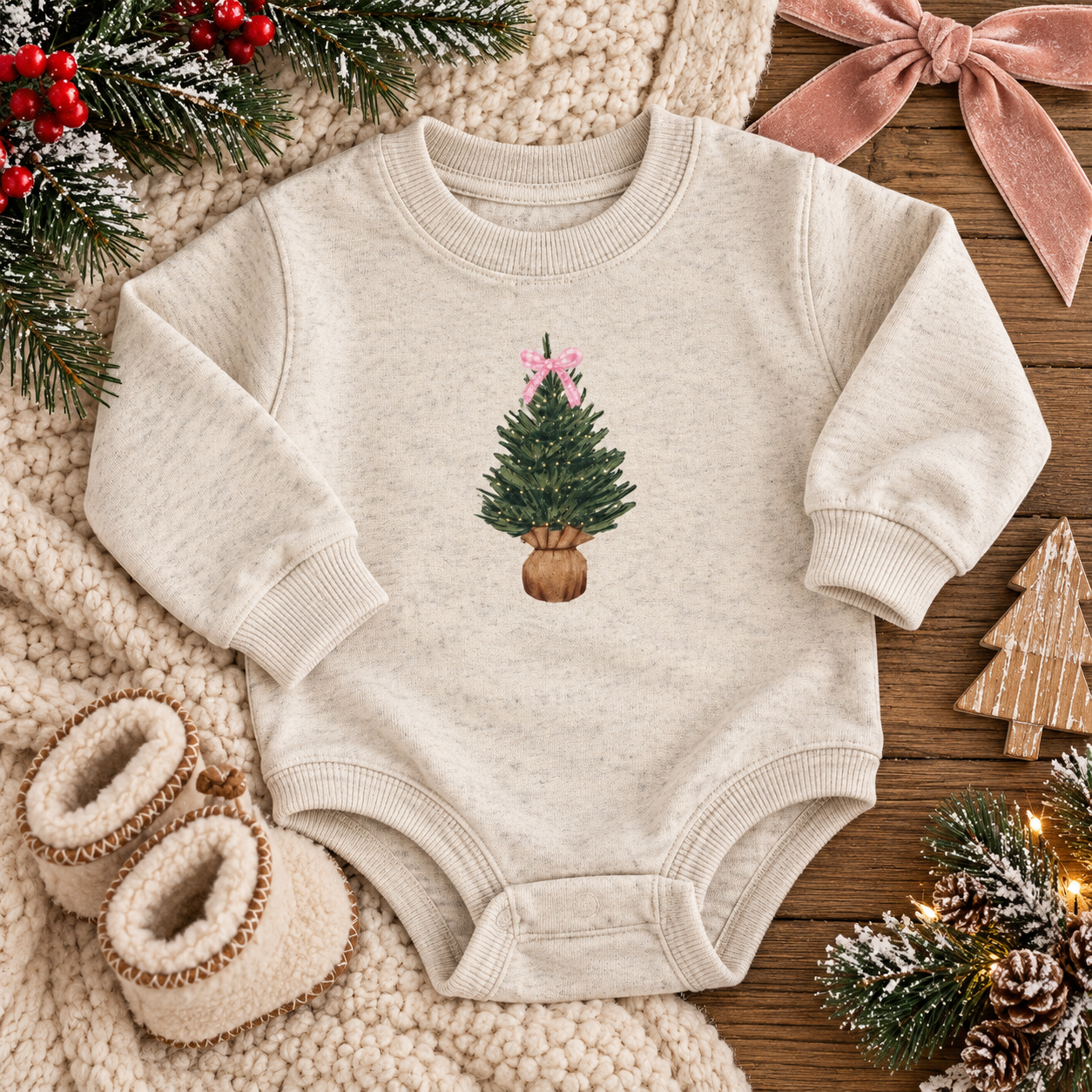 Christmas Tree Pink Gingham Bow Natural Crewneck Sweatshirt For Infants