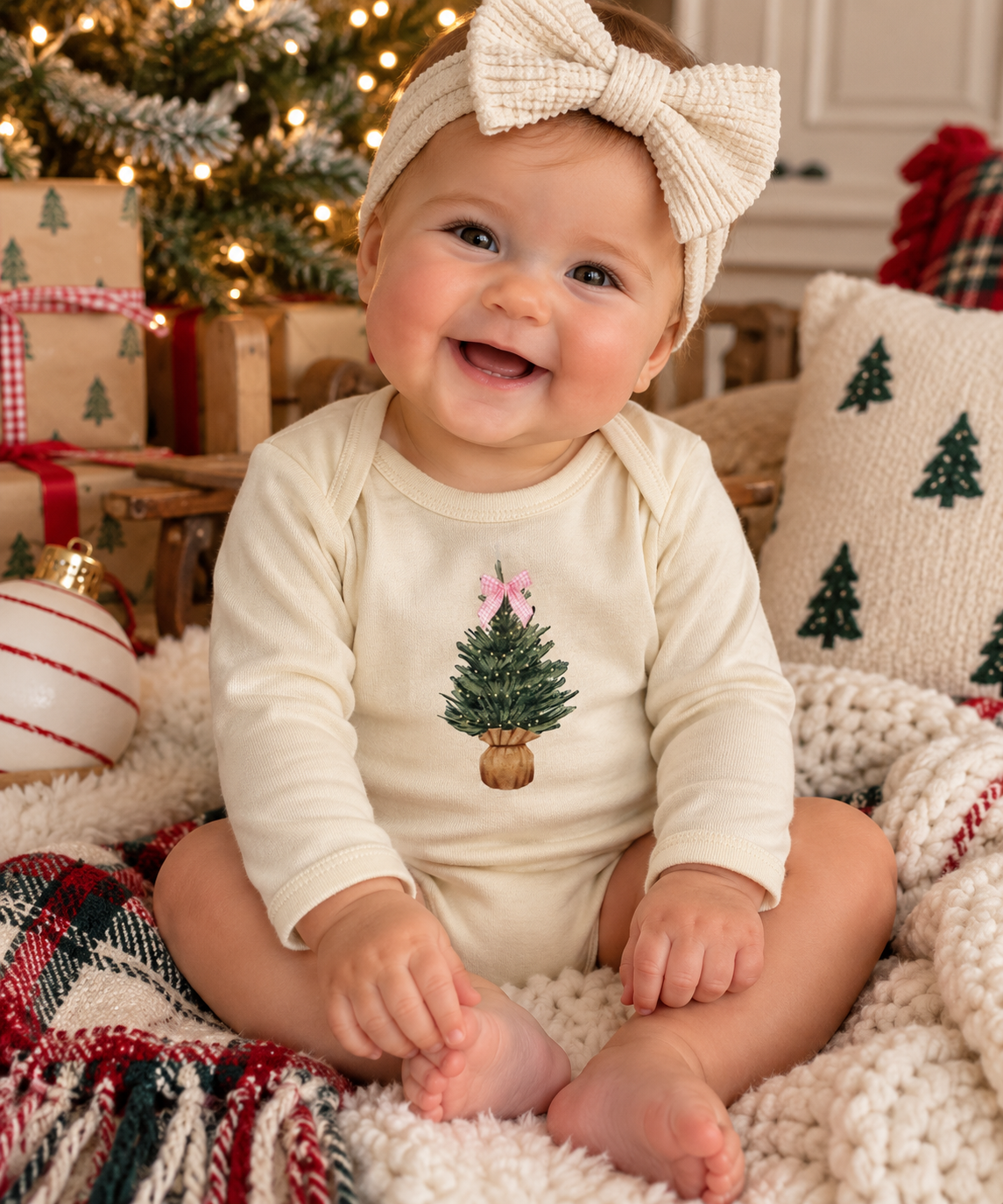 Christmas Tree Pink Gingham Bow Natural Long Sleeved Bodysuit for Infants