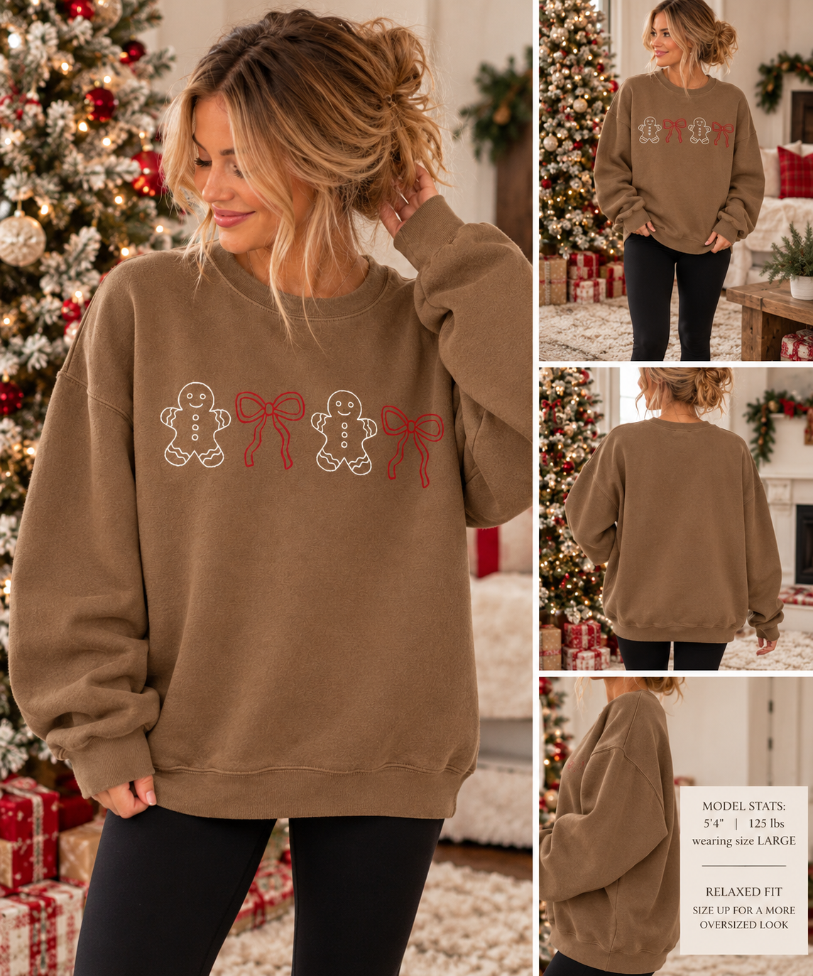 Women’s Brown Gingerbread Bow Christmas Crewneck – Cozy Neutral Holiday Sweatshirt