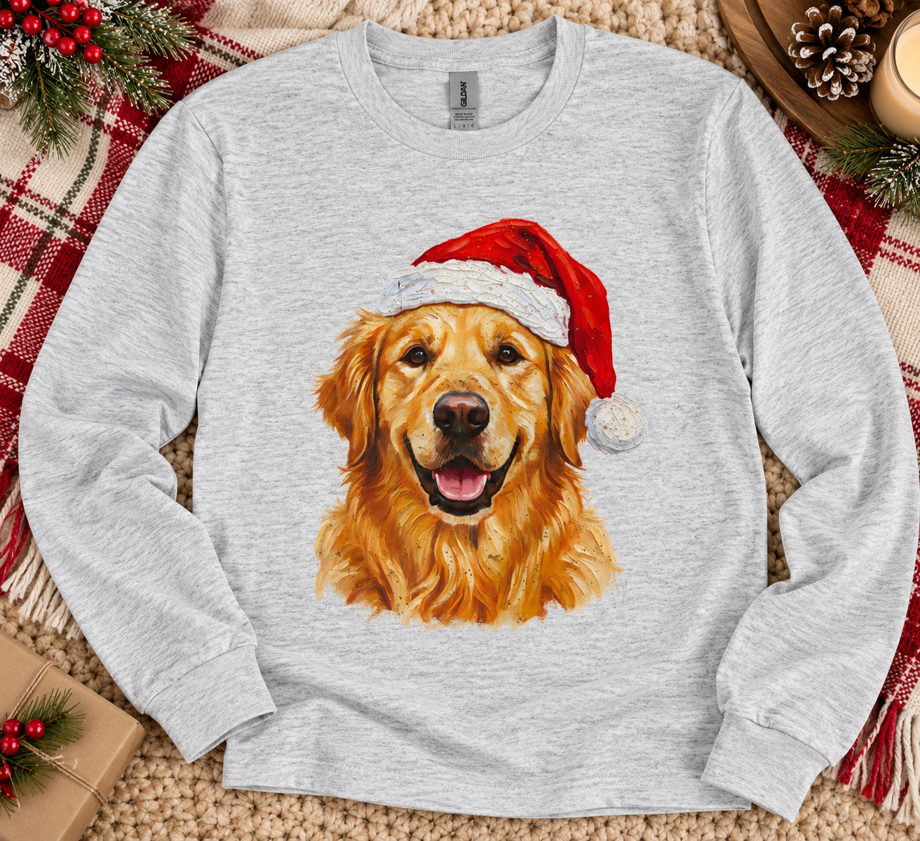 Golden Retriever Long Sleeve Grey Christmas Shirt, Santa Hat Golden Retriever Tee, Christmas Dog Lover Gift, Holiday Puppy Shirt