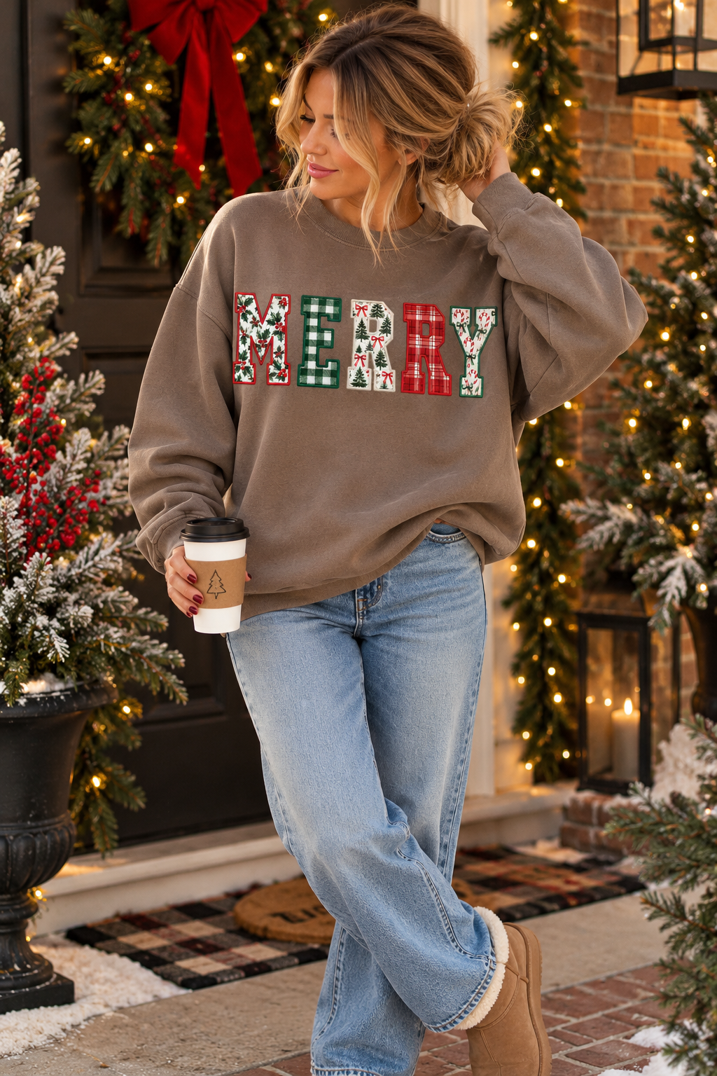 Merry Patchwork Christmas Crewneck, Brown Holiday Sweatshirt, Vintage Christmas Graphic Pullover