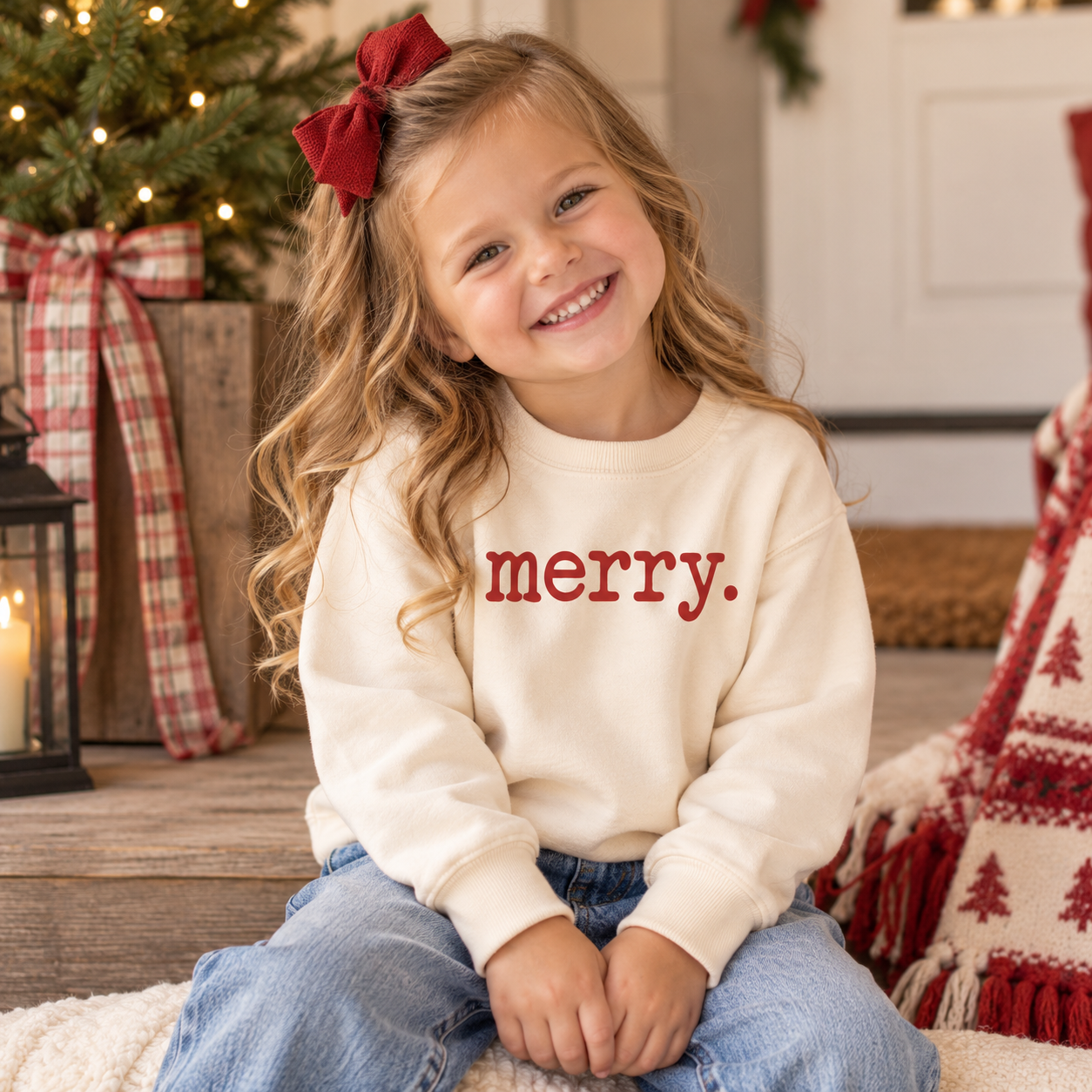 Merry Vintage Natural Christmas Crewneck for Kids