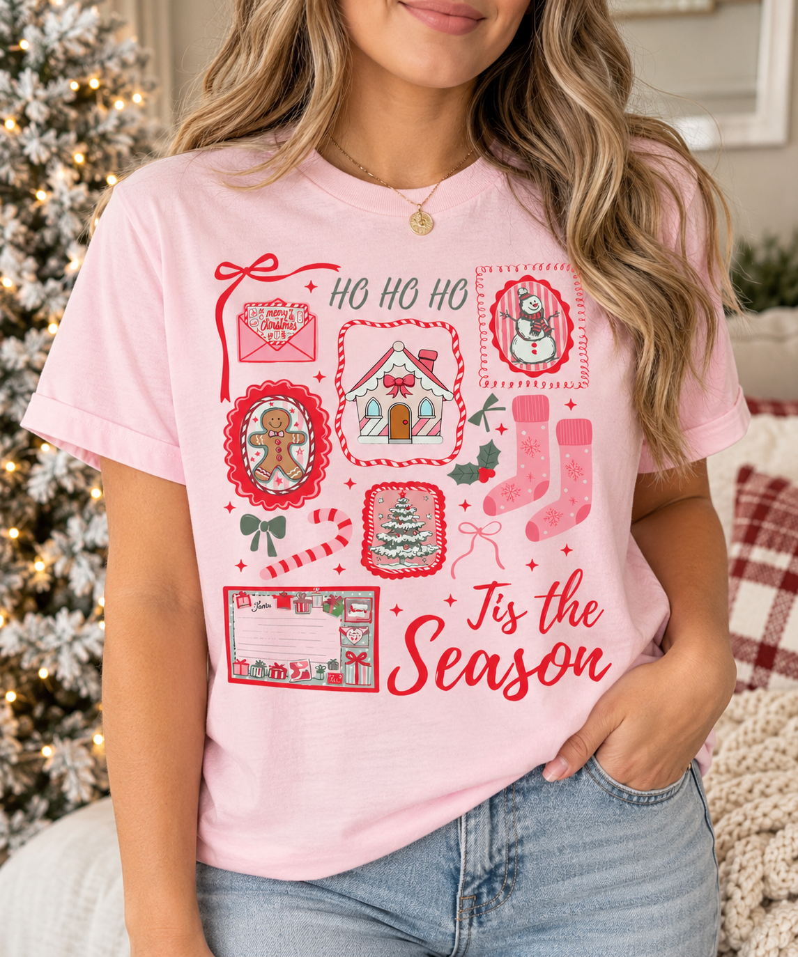 Light Pink Christmas Collage Tis The Season T-Shirt