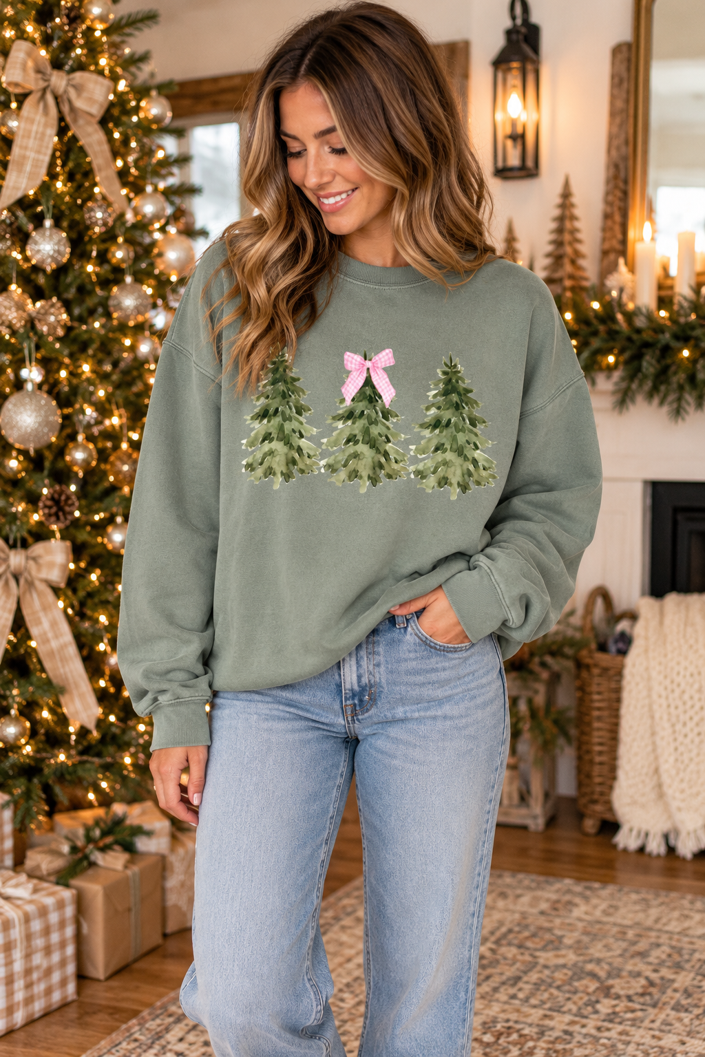 Christmas Tree Gingham Bow Green Crewneck – Cozy Holiday Sweatshirt