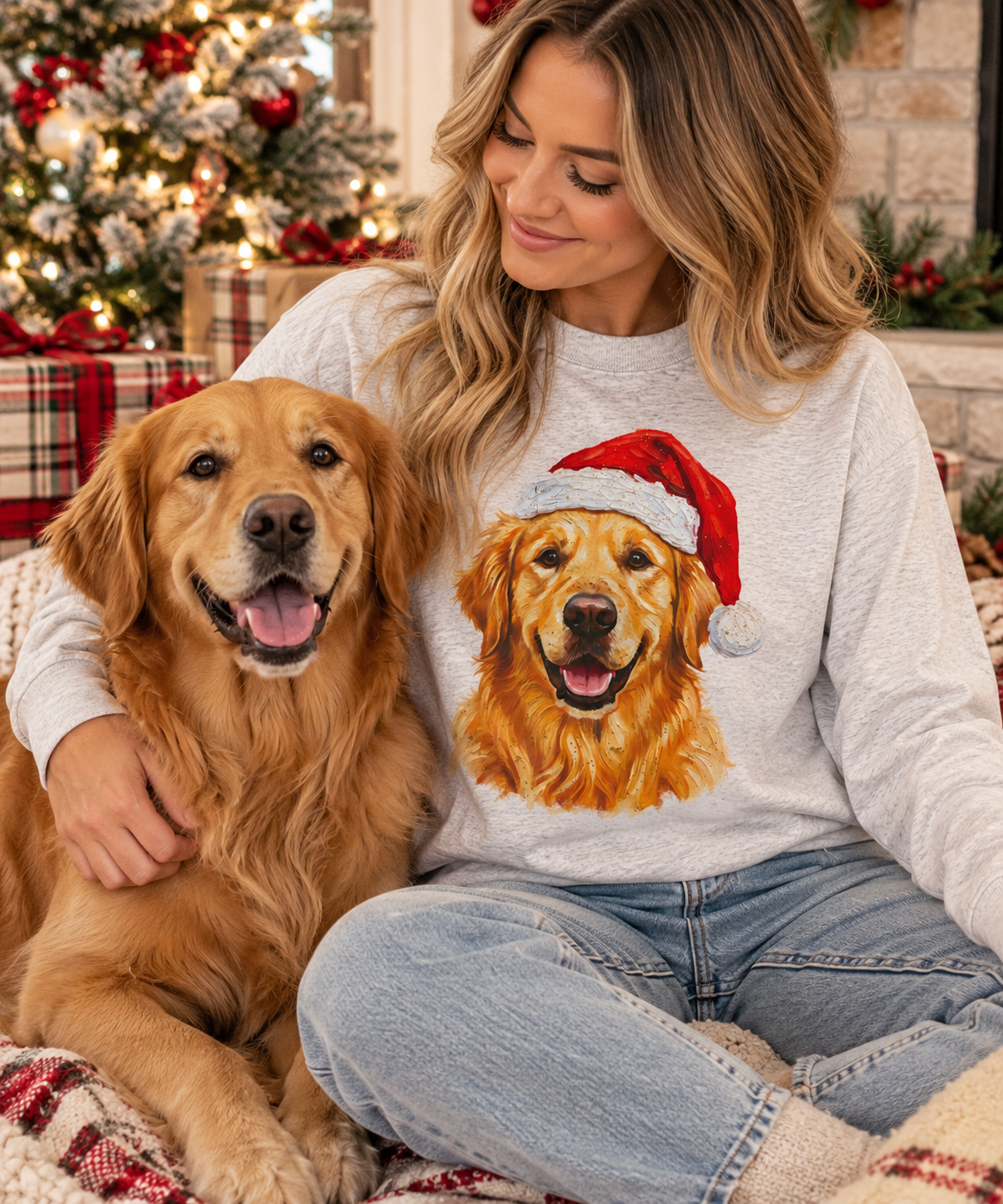 Golden Retriever Long Sleeve Grey Christmas Shirt, Santa Hat Golden Retriever Tee, Christmas Dog Lover Gift, Holiday Puppy Shirt