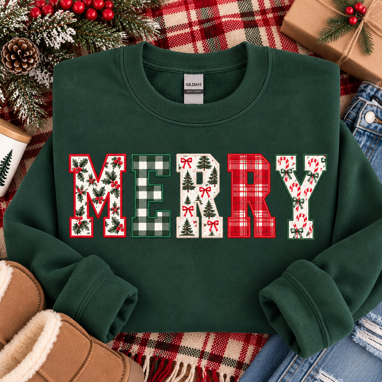 Merry Patchwork Christmas Crewneck, Green Holiday Sweatshirt, Vintage Christmas Graphic Pullover (Copy)