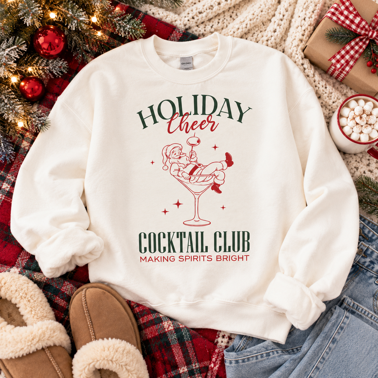 Holiday Cheer Cocktail Club Christmas Crewneck – Making Spirits Bright Holiday Sweatshirt