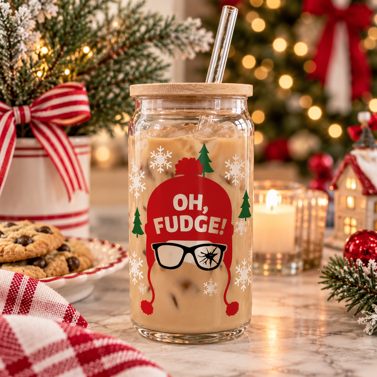 Oh Fudge Christmas Glass Cup with Bamboo Lid and Glass Straw, Funny Christmas Movie Cup