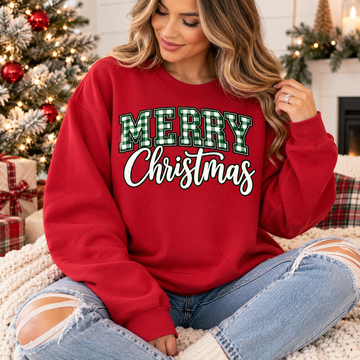 Merry Christmas Red and Green Gingham Crewneck Sweatshirt