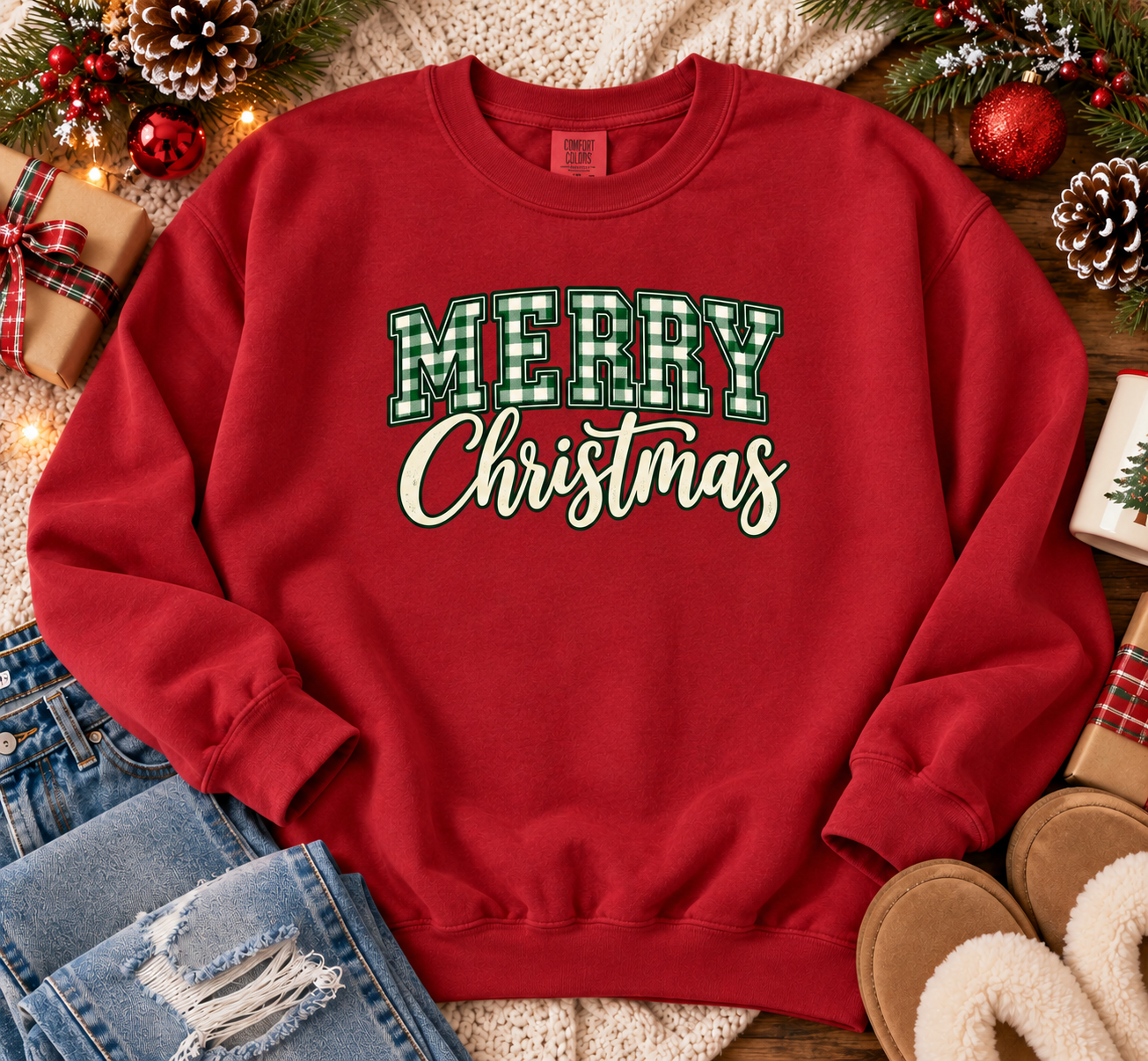 Merry Christmas Red and Green Gingham Crewneck Sweatshirt