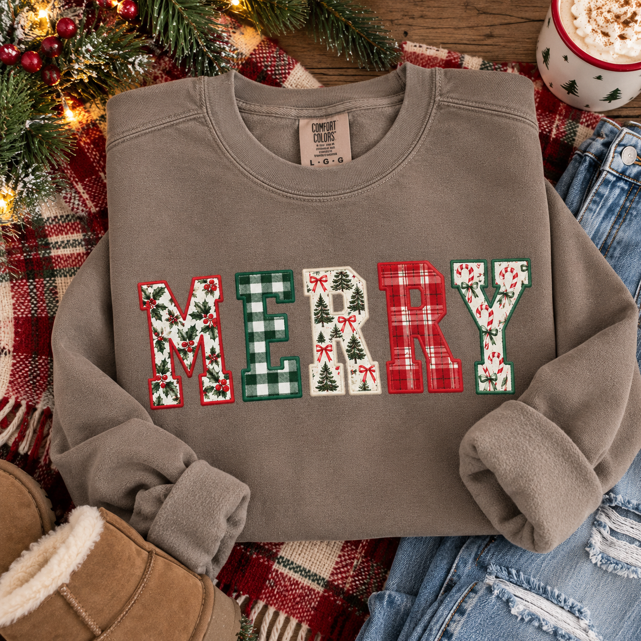 Merry Patchwork Christmas Crewneck, Brown Holiday Sweatshirt, Vintage Christmas Graphic Pullover
