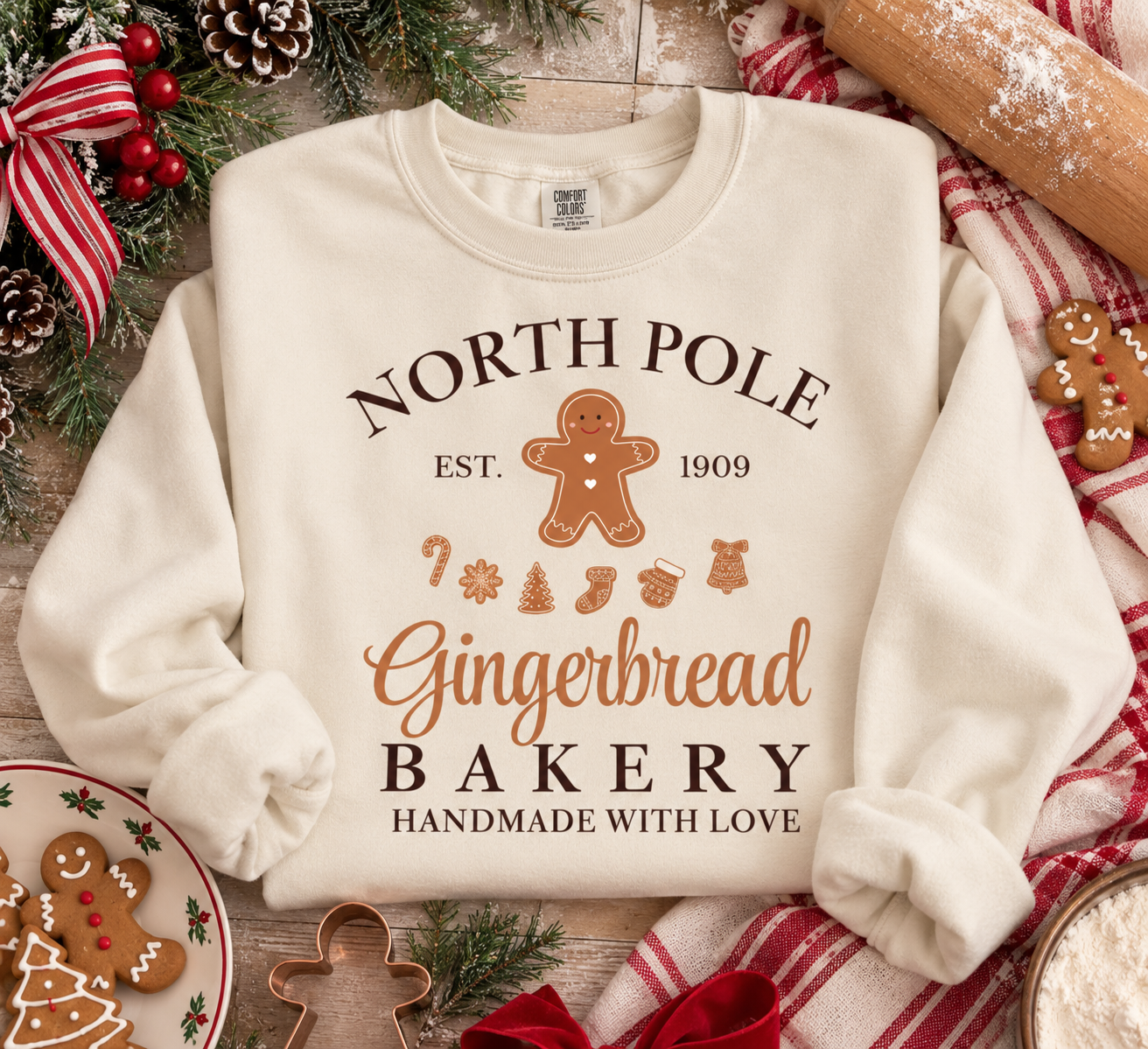 North Pole Gingerbread White Christmas Crewneck – Cozy Holiday Baking Sweatshirt