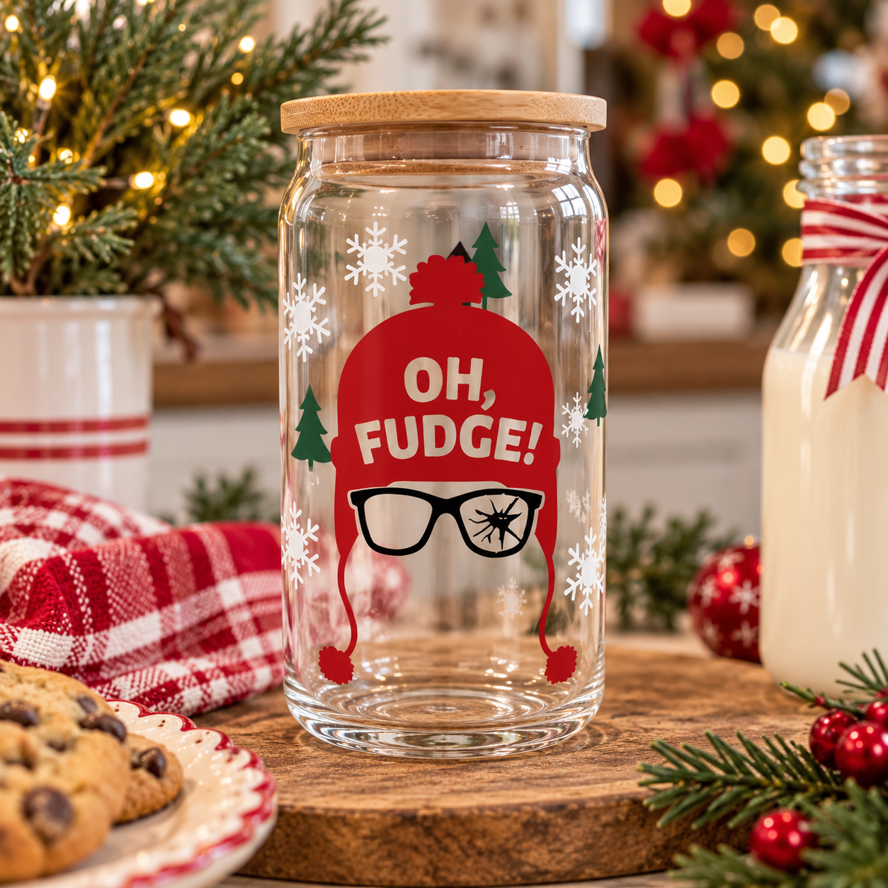 Oh Fudge Christmas Glass Cup with Bamboo Lid and Glass Straw, Funny Christmas Movie Cup
