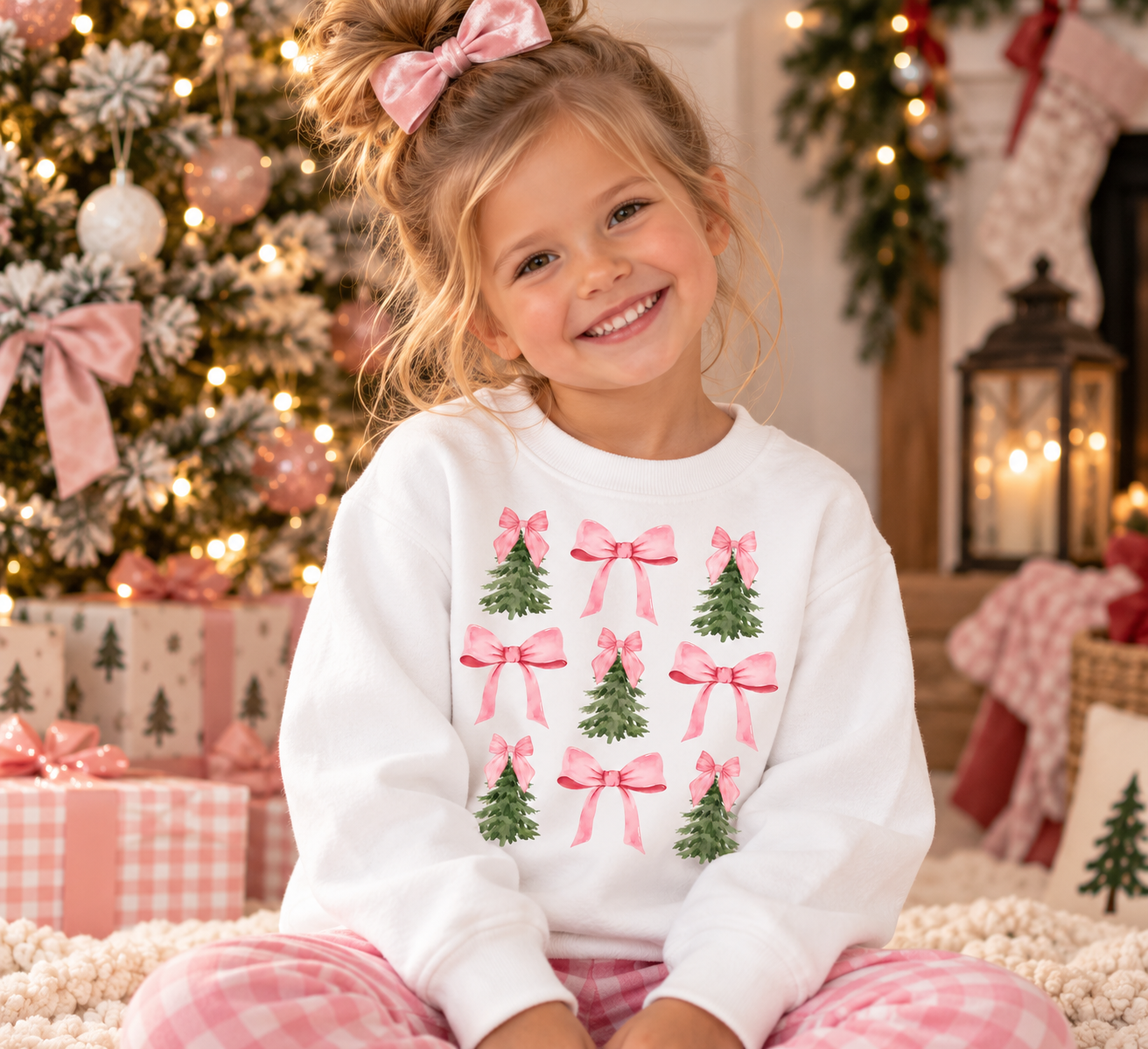 Pink Bow Christmas Tree Kids Crewneck