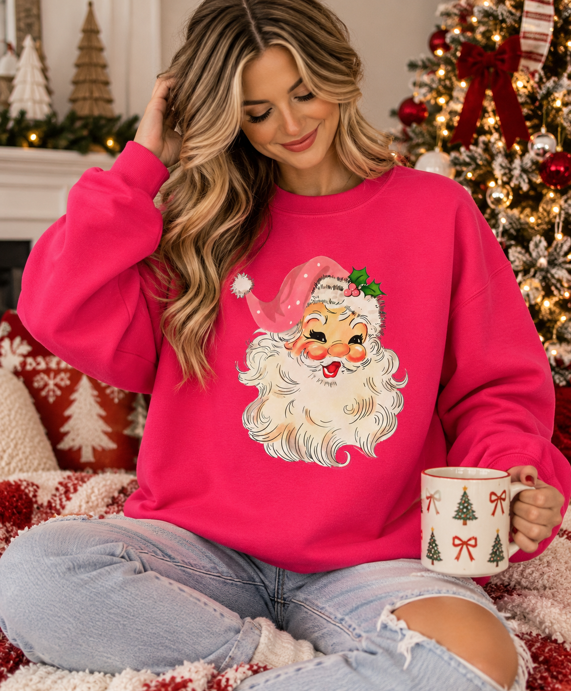 Dark Pink Vintage Santa Christmas Crewneck – Cozy Holiday Sweatshirt