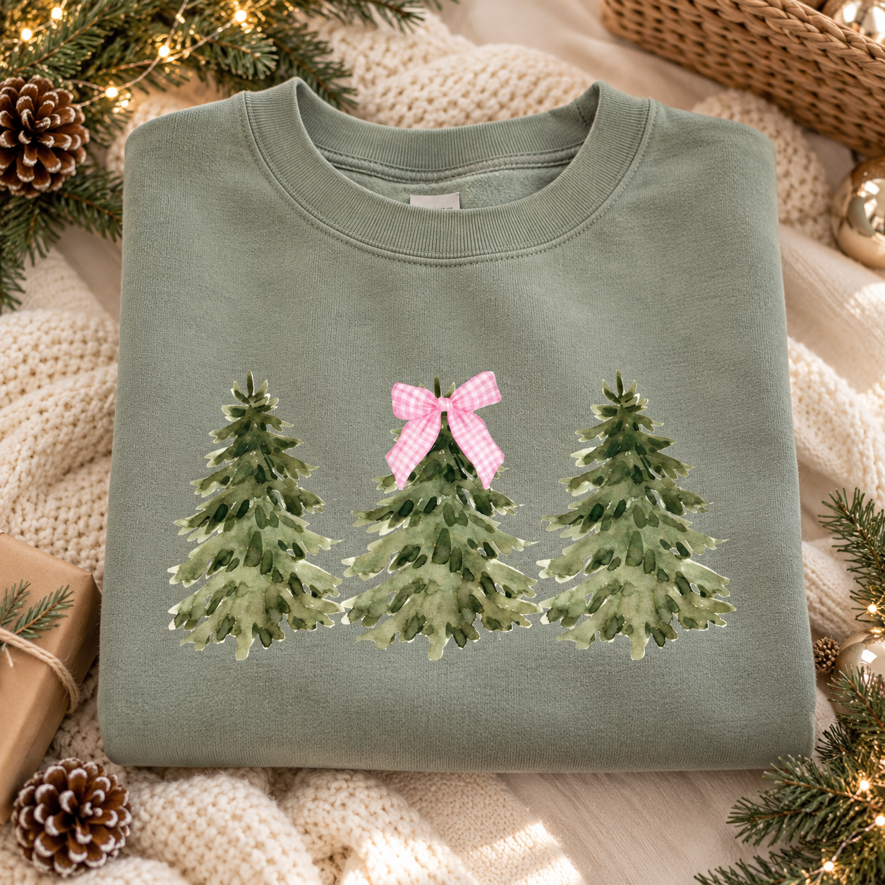 Christmas Tree Gingham Bow Green Crewneck – Cozy Holiday Sweatshirt